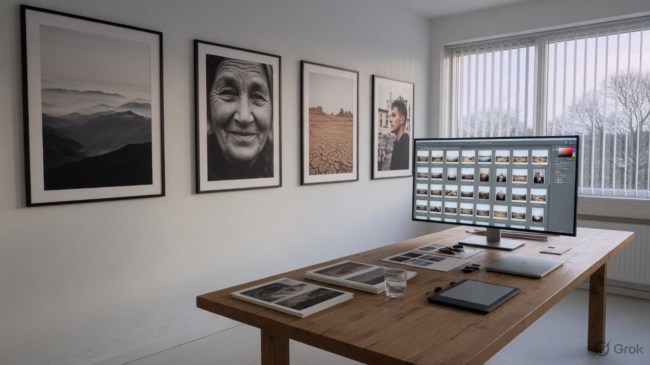 A photography studio with framed prints and a monitor
