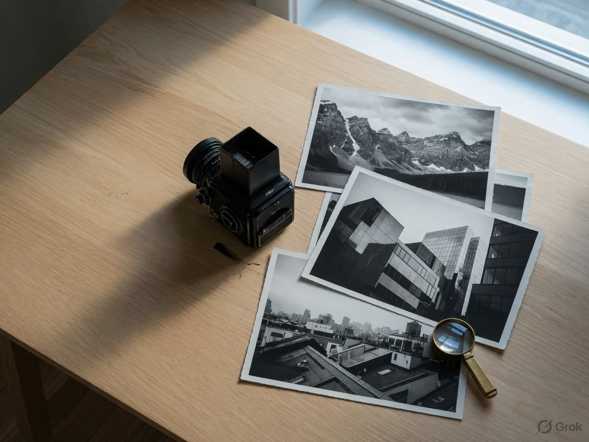 Medium-format camera and photographic prints on a studio table